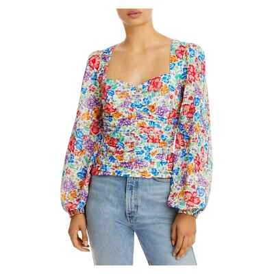 Aqua Floral Ruched Top Womens XS Multicolor Sweetheart Neckline Balloon Sleeve - Image 1 of 4