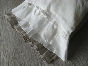 Pillow case with Double Ruffles, 100% Linen Ruffled Sham White or Oatmeal Beige - Picture 1 of 5