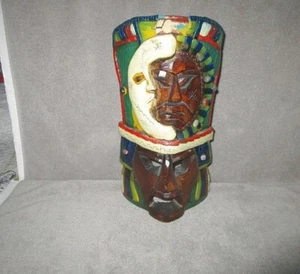 Vintage Sonne & Mond geschnitzte Totem Maske himmlische Edelsteine Ritual Stammesbehang 15 Zoll - Bild 1 von 12