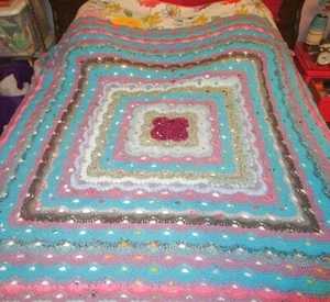 Vtg Handmade Crochet Afghan Blanket Throw Shell Stitch Glitter Rainbow Boho 71" - Picture 1 of 12