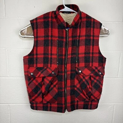 Vintage Northern Summit Sherpa Lined Buffalo Plaid Red and Black Wool Vest L - Image 1 of 4