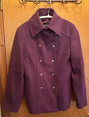 GUESS PURPLE WOOL BLEND WOMEN'S PEA COAT, DOUBLE BREASTED SNAPS SZ. SMALL VGC - Image 1 of 4
