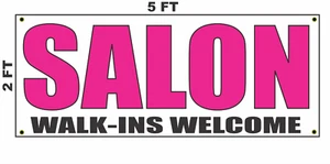 SALON WALK-INS WELCOME Banner Sign 2x5 Bright Magenta Pink - Picture 1 of 1
