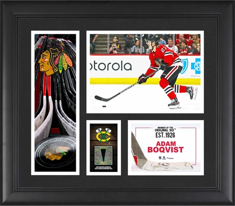 Adam Boqvist Chicago Blackhawks Frmd 15" x 17" Player Collage & Piece of GU Puck Cover