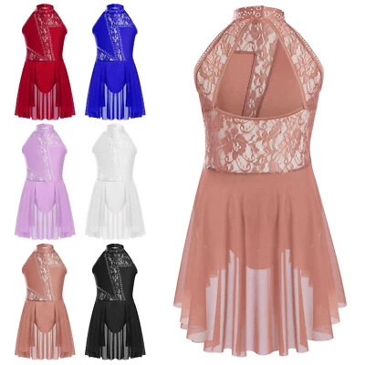 Kids Girls Floral Lace Ice Skating Dress Lyrical Dance Leotard Ballerina Costume - Image 1 of 4