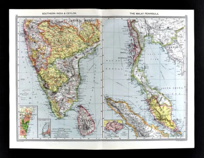 1907 Map South India Ceylon Madras Bombay & Malaysia Thailand Singapore Sumatra - Image 1 of 4