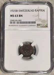 1925B Switzerland 1 Rappen NGC MS 63 BN Only 4 Finer - Picture 1 of 4