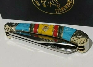 VINTAGE YELLOW TURQOUISE S. HORSE SADDLE HORN HUNTING POCKET KNIFE W/ D. CASE ! - Picture 1 of 9
