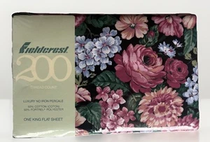 Vintage Fieldcrest Gazebo King Flat Sheet Black Pink Floral Hydrangea NEW in Pkg - Picture 1 of 4