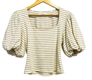 Frame Shirt Top Womens Small Off White Tan Striped Puff Sleeve Square Neck - Picture 1 of 9