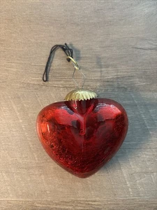Kugel Style 3.5 in RED Heart Crackle Mercury Glass Brass Top Vintage Ornament~ - Picture 1 of 7