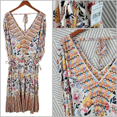 New Angie Flare Tiered Skirt Dress Floral Plus Size 2X Cinch Tie Waist Boho Pink - Image 1 of 4