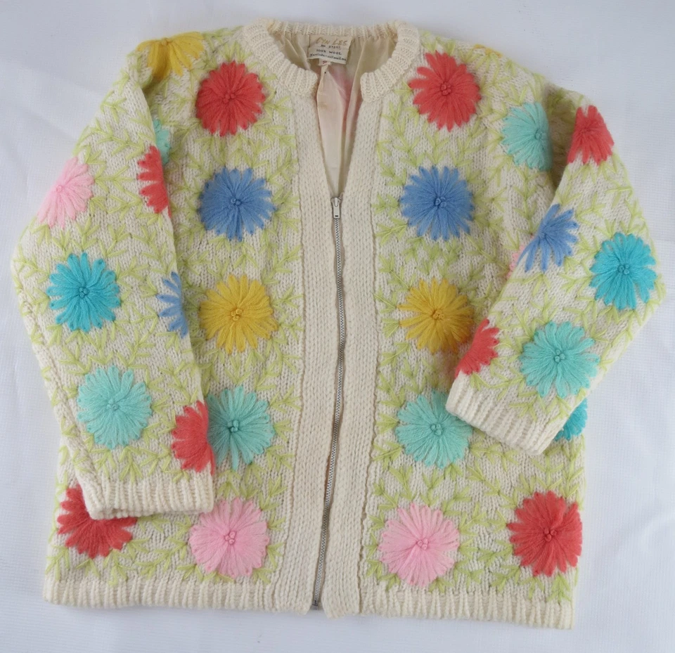 Vtg. 60s 70s Cyn Les Shirlee Designs Wool Sweater Cardigan Floral Applique Small - Image 1 of 4