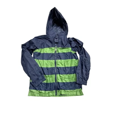 Chaqueta cortavientos Lands' End para niños con capucha a rayas azul verde pequeña Foto 1 de 4