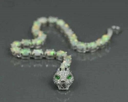 Pulseira de tênis oval 12 quilates opala fogo diamante esmeralda folheada a ouro branco 14K cobra - Imagem 1 de 4