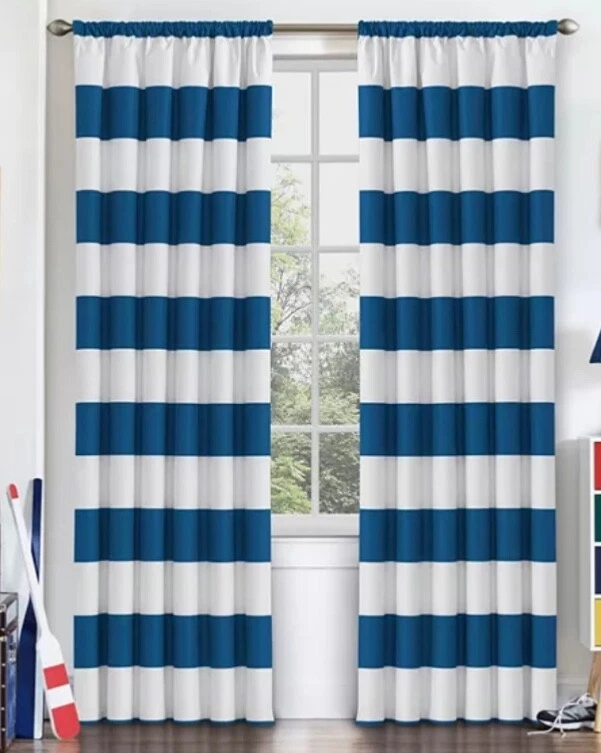 2 Eclipse Peabody Blue/White Stripe Blackout Panels Curtains 42in X 84in - Image 1 of 4