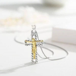 Saint Christopher Jesus Crucifix 925 Sterling Silver Cross Religious Oxidized Pe - Picture 1 of 7
