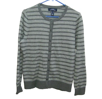 Cárdigan suéter top LANDS' END para mujer (talla mediana) gris a rayas con botones delanteros Foto 1 de 4