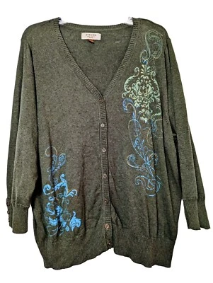 Sonoma Cárdigan Suéter Floral Talla 1X Verde Algodón Bordado Suave Foto 1 de 4