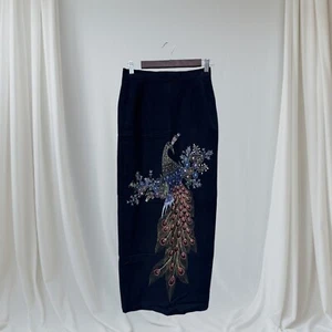 Vintage Womens Pencil Midi Skirt Size XS Black Hand Painted Peacock Bird Slit - Picture 1 of 11