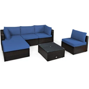 6 PCS Patio Rattan Furniture Set Cushioned Sectional Sofa Coffee Table Navy - Picture 1 of 11