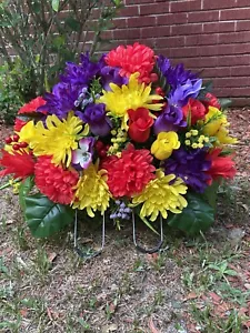 Cemetery Memorial Headstone Saddle Silk Flower Arrangement Red, Purple &Yellow - Picture 1 of 3