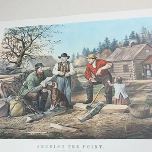 Impresión de colección Currier & Ives argumentando el punto cabaña de troncos de caza hacha arte familiar decoración - Imagen 1 de 7