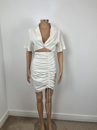 OFF WHITE Mini abito ZARA bianco sporco manica corta ritagliato coulisse camicia schiena aperta M 10