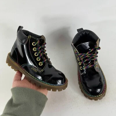 Dr. Martens Boots Kids 10 Black Patent Leather Lace-Up Round Toe Hiking - Image 1 of 4