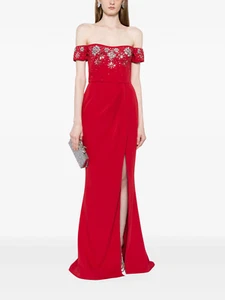 $995 Marchesa Notte Size 2 Gown Red Crepe Embellished Off Shoulder Maxi Dress - Picture 1 of 13
