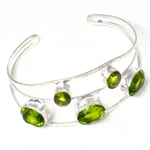 Green Peridot Gemstone Handmade 925 Sterling Silver Adjustable Cuff Bracelet - Picture 1 of 1