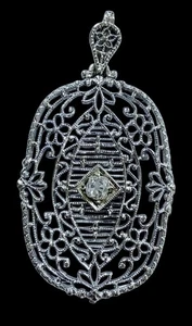 Antiker viktorianischer Art Deco Anhänger 14k Weißgold, Minenschliff Diamant filigran - Bild 1 von 2