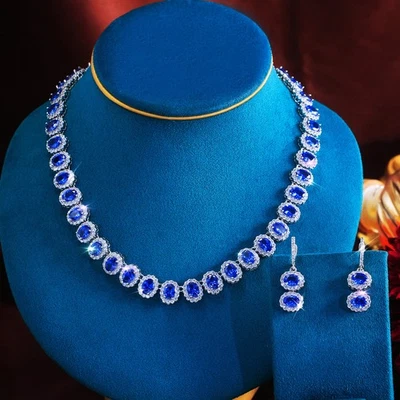 Conjunto de joyas de boda de circón enchapado en plata con collar de tanzanita azul para mujer Foto 1 de 4
