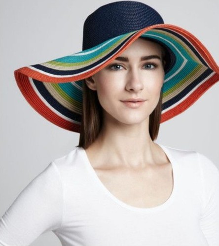 Cappello da sole donna Kate Spade New York a righe in paglia blu verde arancione bianco marrone
