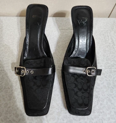 VTG Coach SZ 9B Gwynne Black Signature Monogram Canvas Slip on Mules Buckle - Image 1 of 4