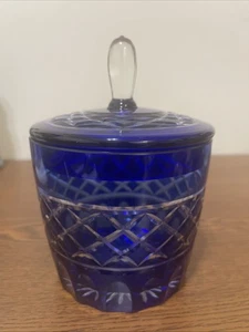 Vintage Bohemian Cobalt Blue Cut To Clear  Crystal Lidded Candy  Jar - Picture 1 of 9