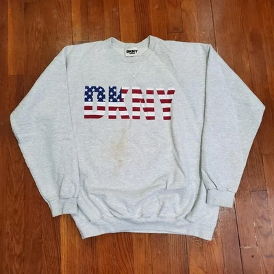 Sudadera De Colección DKNY Jeans Para Hombre Talla Única Gris Cuello Redondo Bandera Hecha en EE. UU. 90s Foto 1 de 4