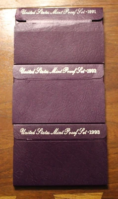 * 1991 1992 1993 US MINT PROOF SETS S Mint Lot of 3 Sets 5 Coins Each Set - Image 1 of 4