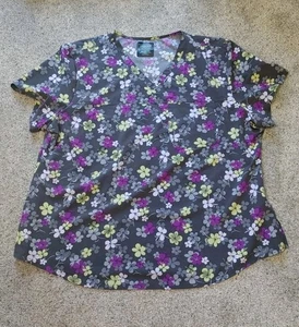 Cherokee Scrub Top Floral Purple Gray Black Yellow Short Sleeve Women’s Size 3X - Picture 1 of 7