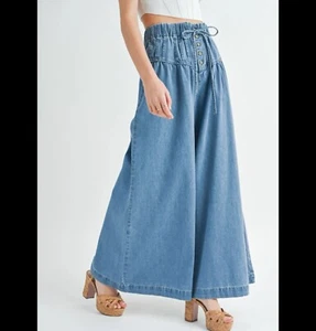 NEW Small Ultra Wide Leg Pleated Button Up Denim JEANS Boho Hippie Modern Grunge - Picture 1 of 11