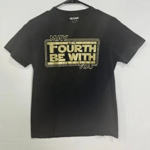 May The Fourth Be With You Gildan Men’s S Black Gold Graphic Tee - Picture 1 of 5