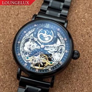 Mens Dual Time Flywheel Skeleton Automatic Mechanical Watch Stainless Black - Picture 1 of 12
