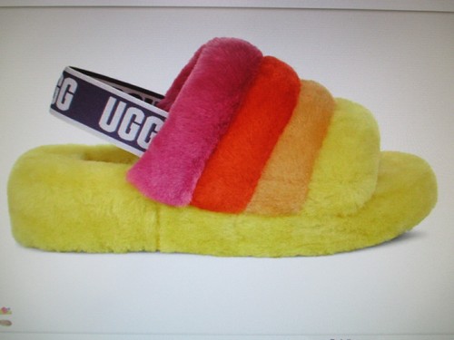 SANDALI PANTOFOLE UGG PRIDE RAINBOW FLUFF YEAH SLIDE PELLE DI PECORA donna 12 uomo 10