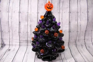 7,25" schwarz Keramik beleuchtet Halloween Baum mit Kürbis lila orange Heringe - Bild 1 von 8