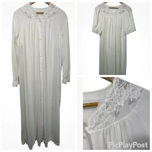 Shadowline Vtg Pegnoir Set White Nightgown and Robe Lace Trim Pink Roses Sz S - Picture 1 of 20