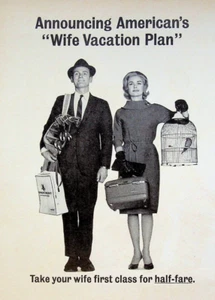 American Airlines 1963 esposa plan de vacaciones primera clase media tarifa anuncio impreso vintage - Imagen 1 de 3