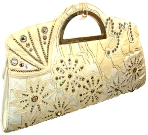 Kippys Beige/Ivory Italian Patent Leather Swarovski Crystals Clutch Near MINT! - Picture 1 of 13