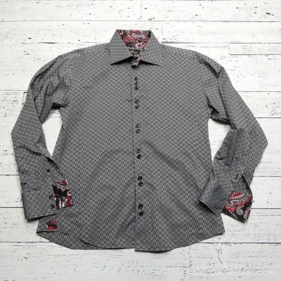 BERTIGO Shirt Mens Small Gray Black Red Geometric Paisley Contrast Dress Cotton - Image 1 of 4