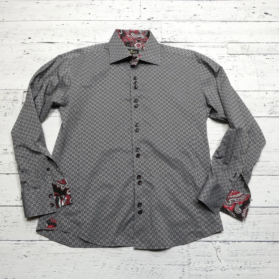 BERTIGO Shirt Mens Small Gray Black Red Geometric Paisley Contrast Dress Cotton - Image 1 of 4