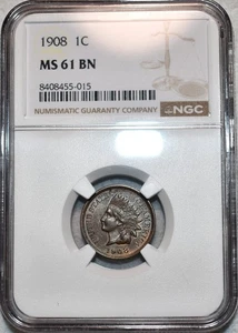 NGC MS-61 BN 1908 Indian Head Cent, Well-Struck & Fully Lustrous. - Picture 1 of 2